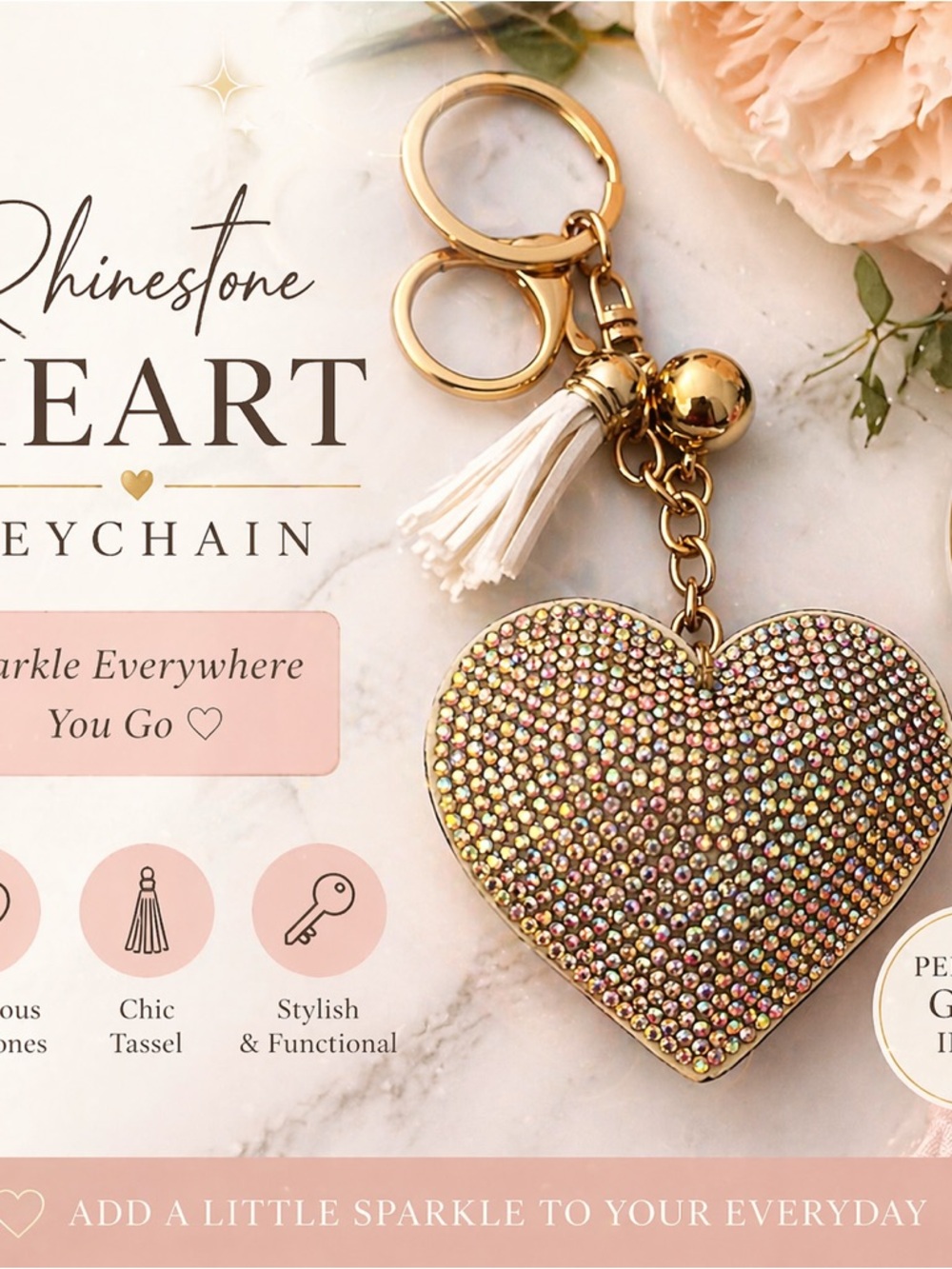 Rhinestone Heart Keychain with Tassel - Gold